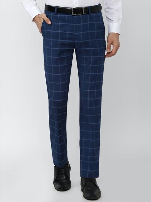 peter england elite blue slim fit checks trousers