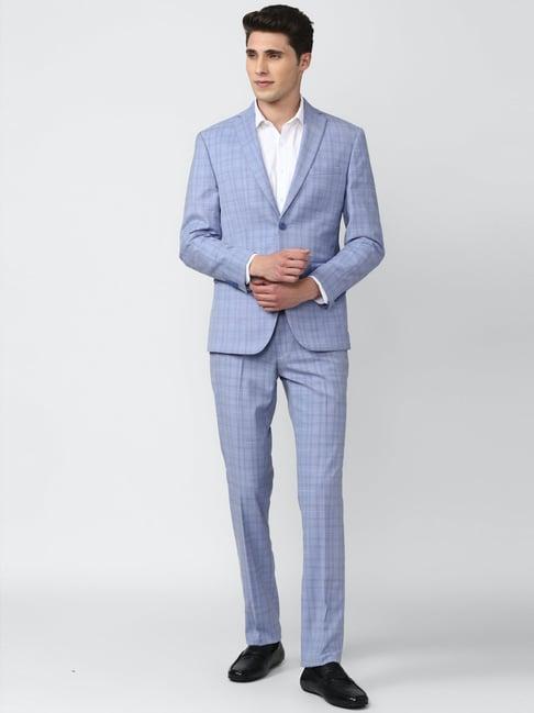 peter england elite blue slim fit checks two piece suit