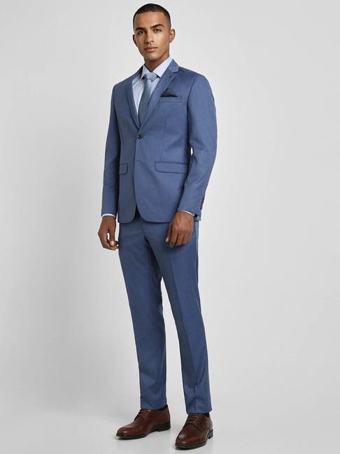 peter england elite blue slim fit texture two piece suit