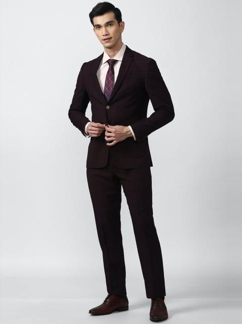 peter england elite brown slim fit checks two piece suits