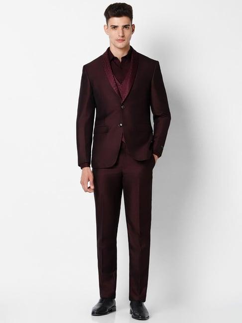 peter england elite brown slim fit texture three piece suit