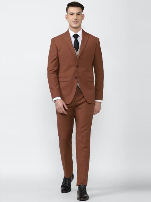 peter england elite brown slim fit three piece suit