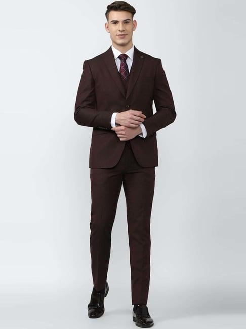 peter england elite maroon  slim fit textured three piece suit