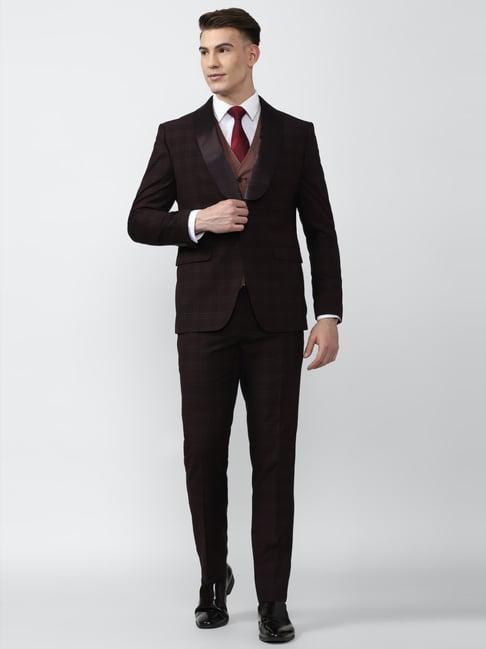 peter england elite maroon slim fit checks two piece suit