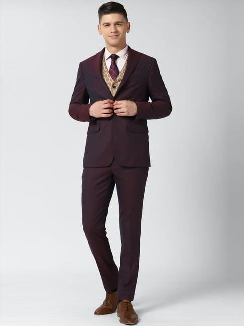 peter england elite maroon slim fit printed three piece suit