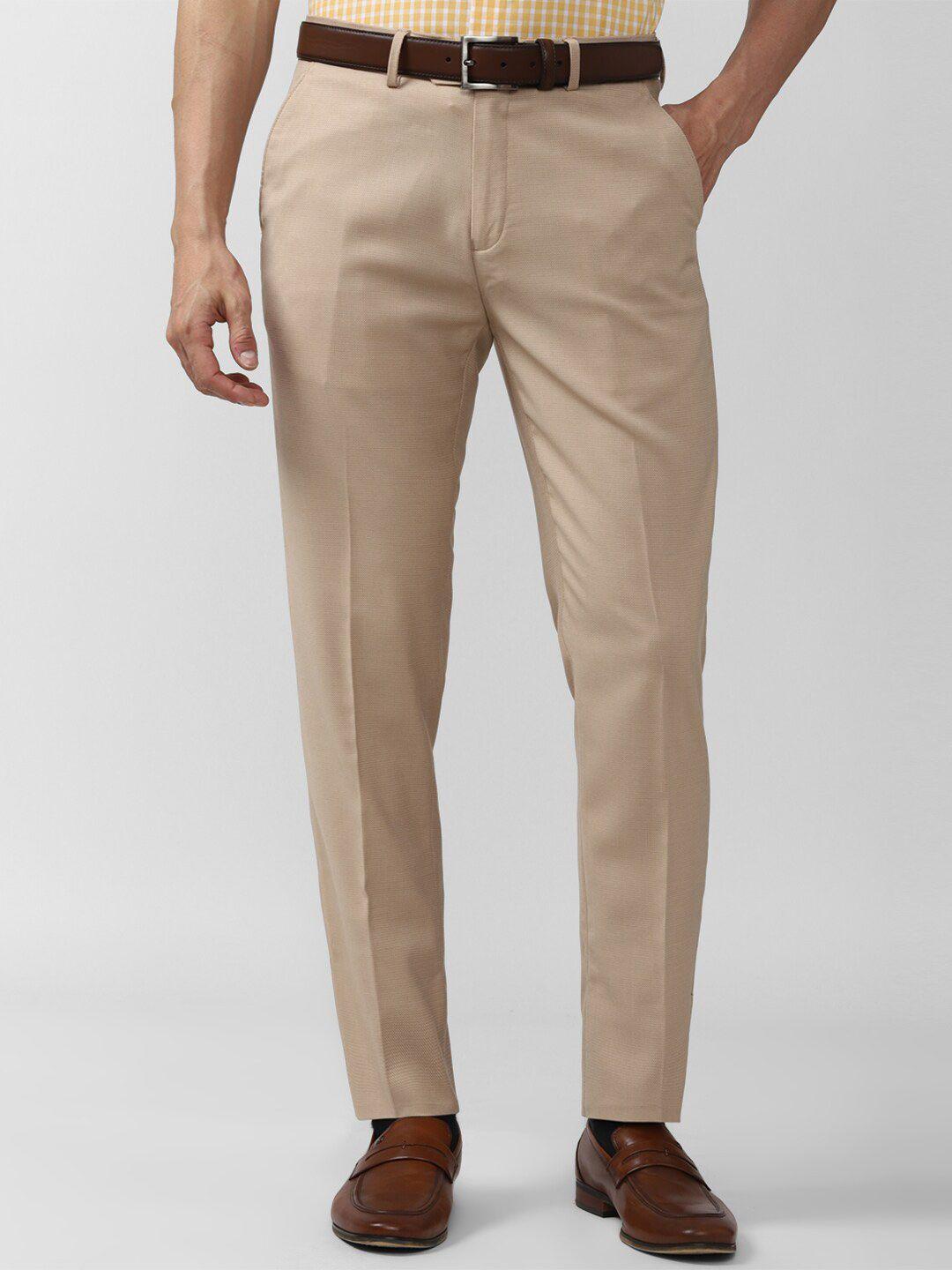 peter england elite men beige solid slim fit trousers