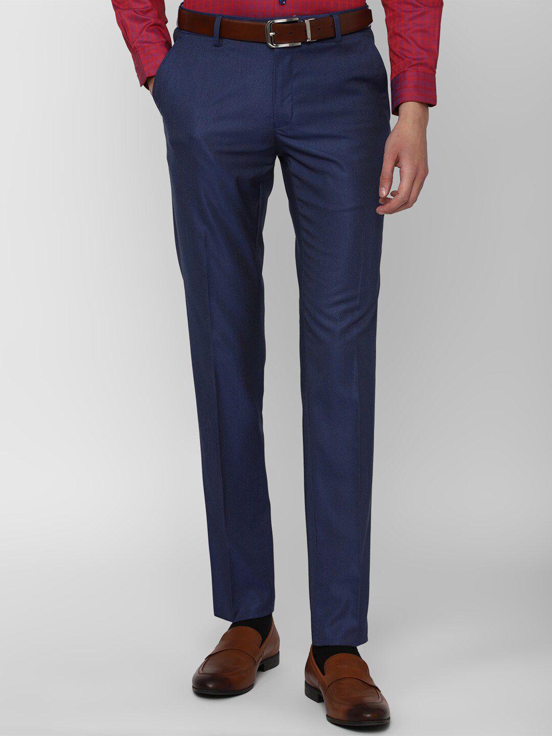 peter england elite men blue textured slim fit trousers