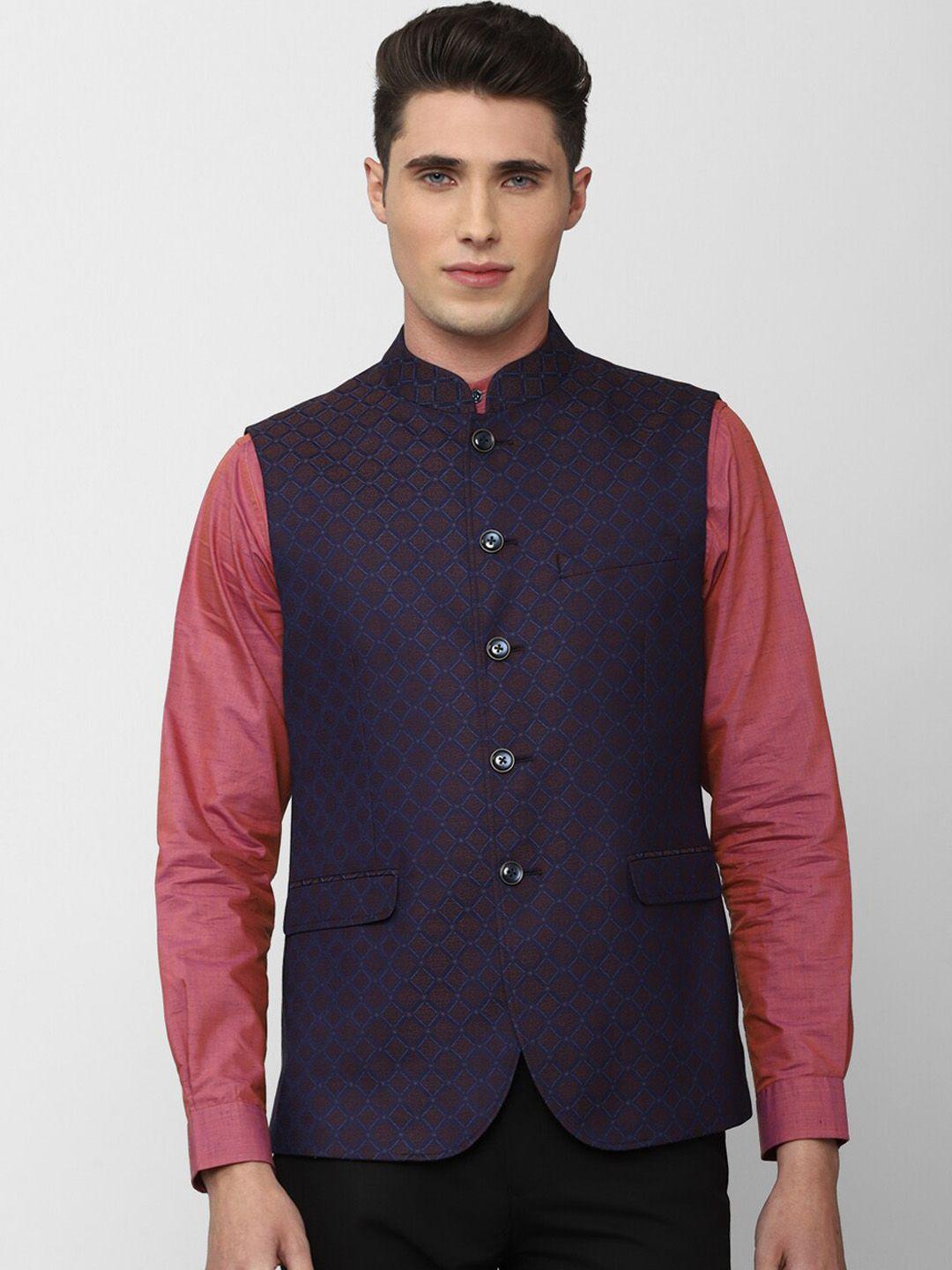 peter england elite men navy blue printed nehru jacket