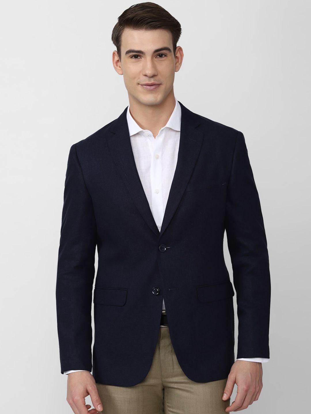 peter england elite men navy blue solid slim-fit linen blazers