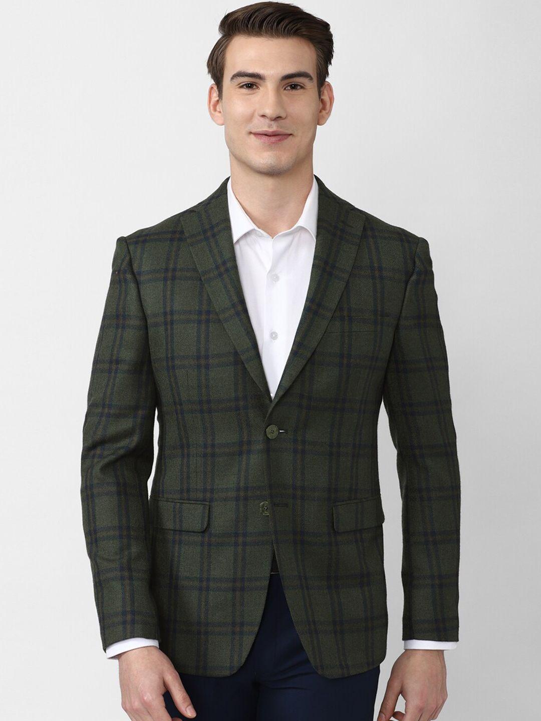 peter england elite men olive green checked slim-fit single-breasted formal blazers