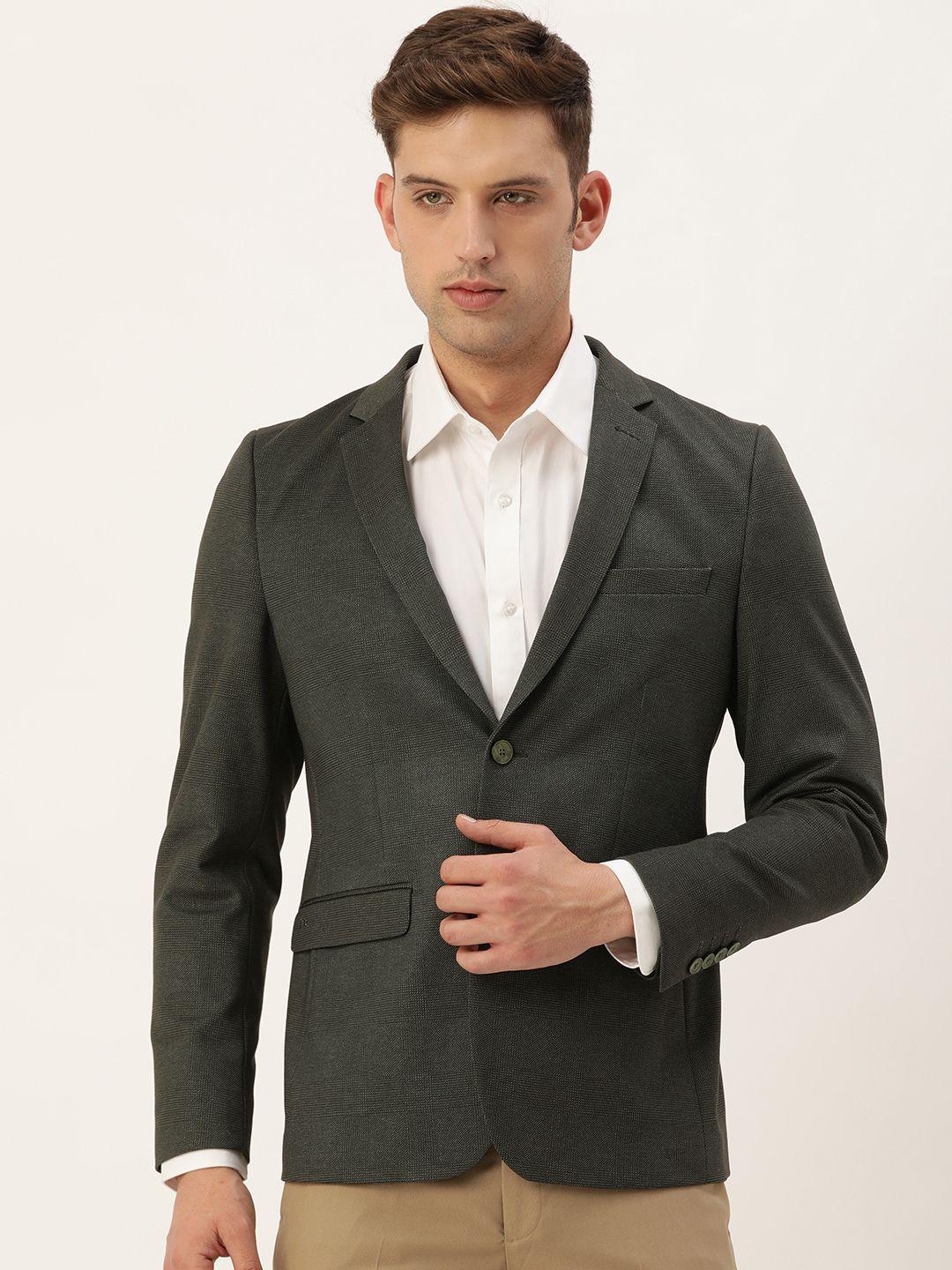 peter england elite men self design neo slim fit single-breasted formal blazer