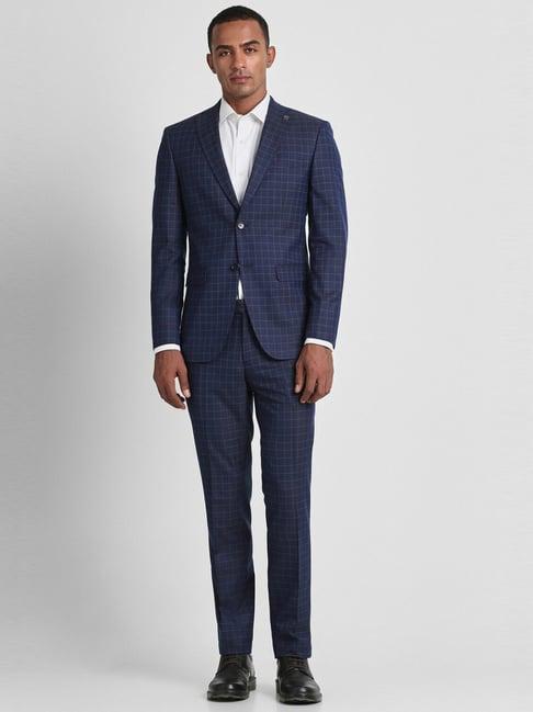 peter england elite navy  slim fit checks two piece suit