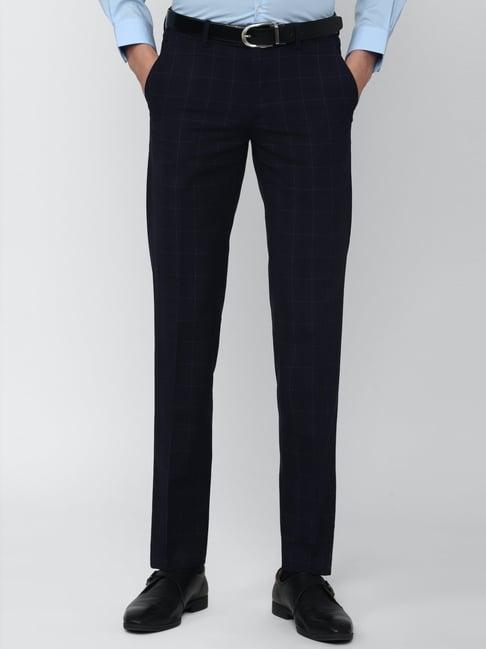 peter england elite navy blue slim fit checks trousers