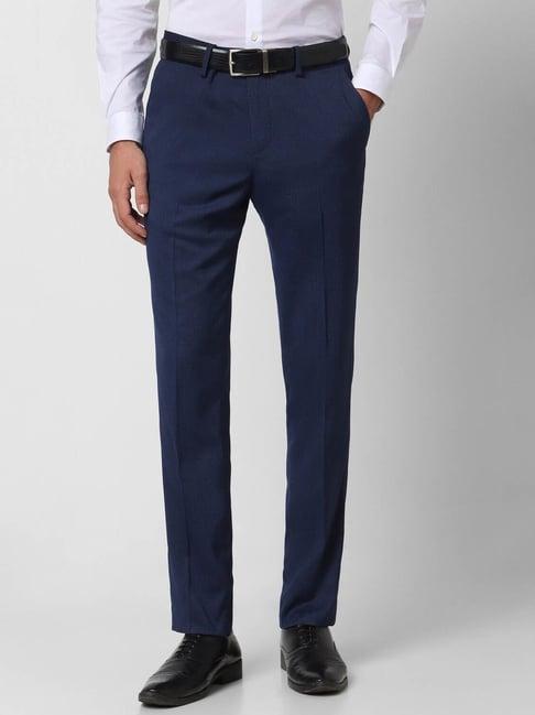 peter england elite navy blue slim fit texture trousers