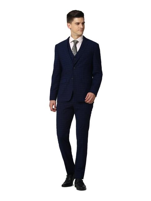 peter england elite navy slim fit checks three piece suit