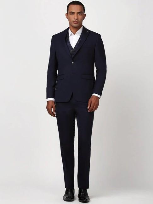 peter england elite navy slim fit self pattern three piece suit