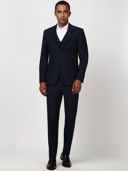 peter england elite navy slim fit self pattern three piece suit