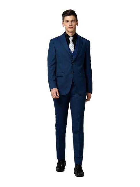 peter england elite navy slim fit self pattern three piece suit