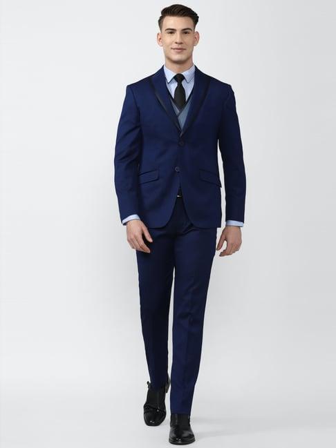 peter england elite navy slim fit self pattern three piece suits