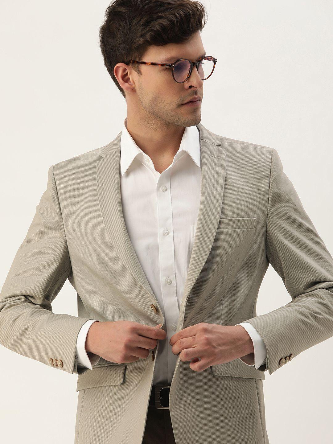 peter england elite self design slim fit single-breasted formal blazers