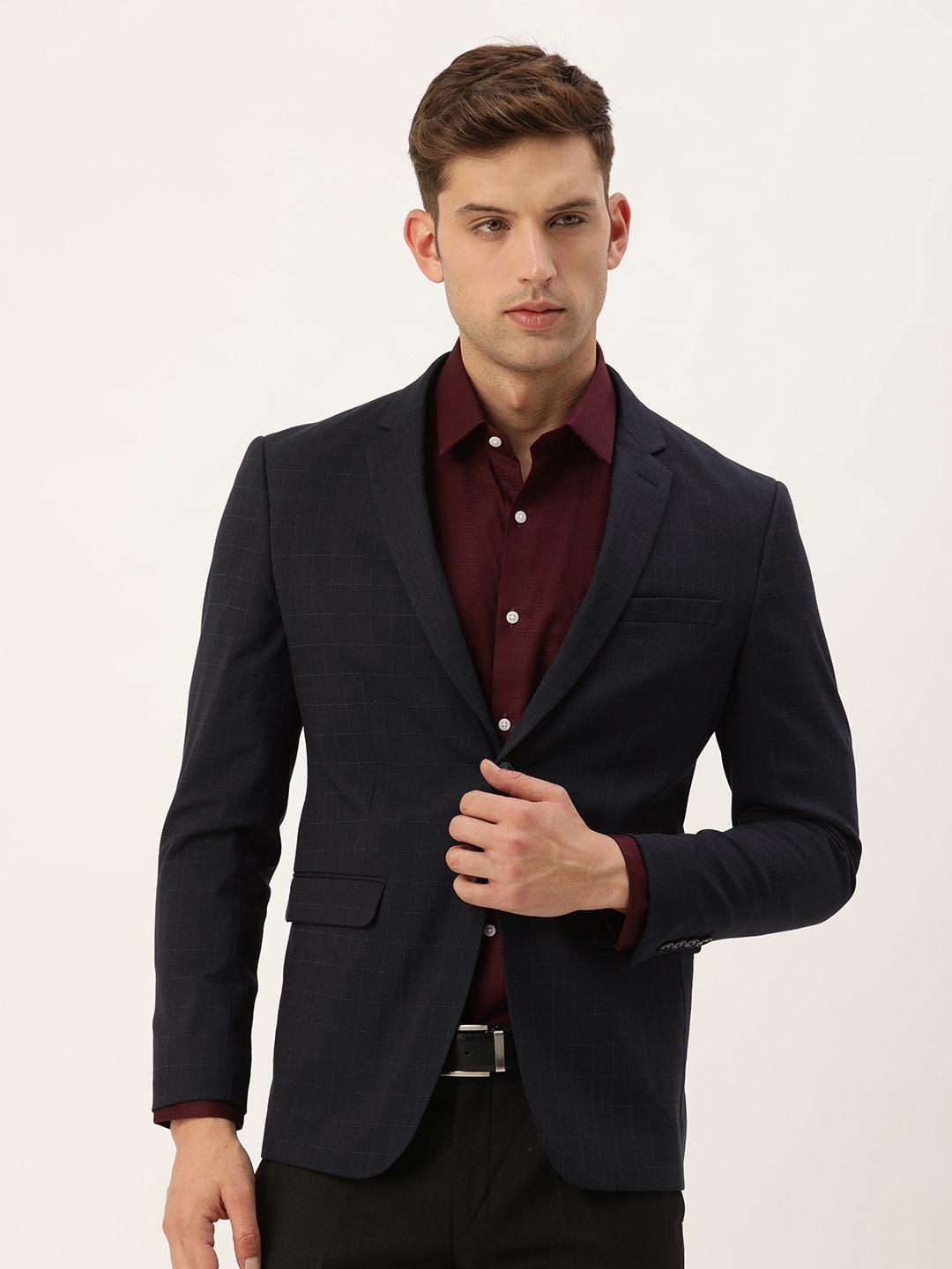 peter england elite slim fit checked single-breasted formal blazers