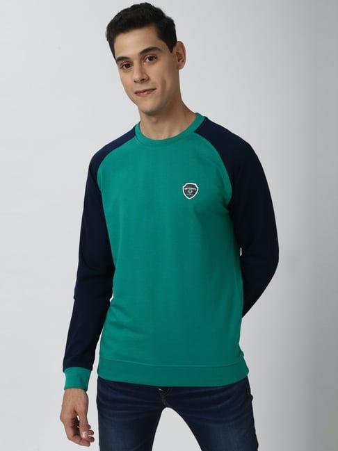peter england green & navy slim fit colour block sweatshirt
