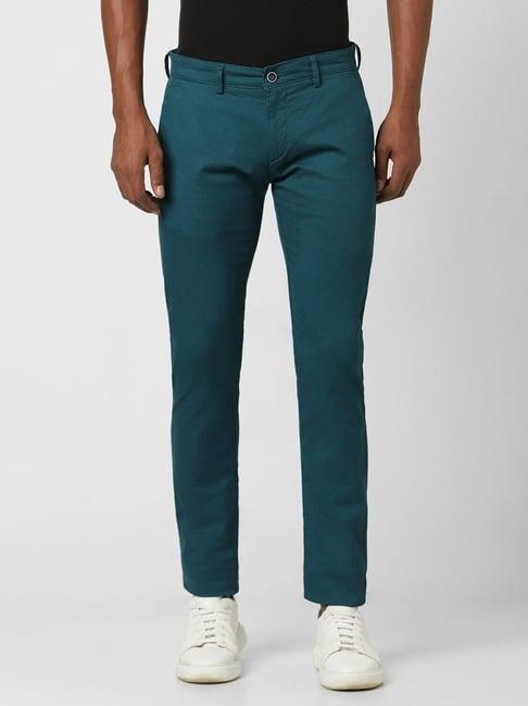 peter england green cotton skinny fit printed trousers