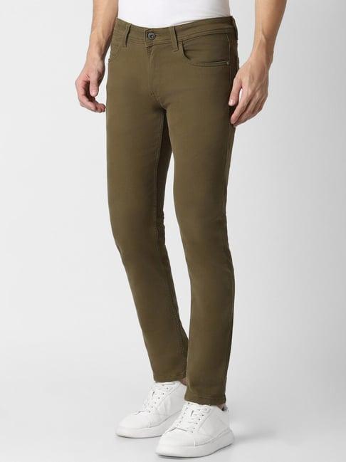 peter england green cotton skinny fit texture trousers