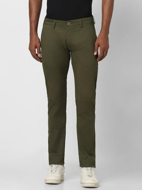 peter england green cotton skinny fit texture trousers