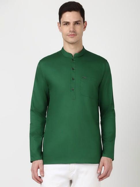 peter england green cotton slim fit short kurta