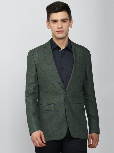 peter england green linen slim fit checks blazer