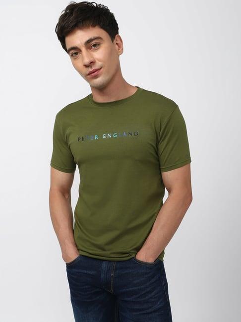 peter england green slim fit embroidered crew t-shirt