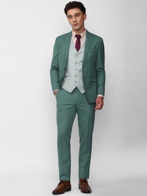 peter england green slim fit notch lapel three piece suit