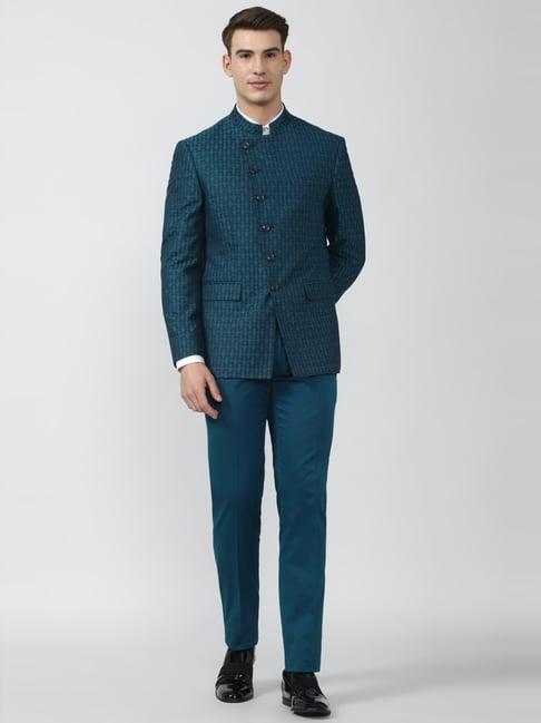 peter england green slim fit printed two piece suit