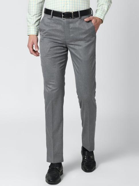 peter england grey  slim fit self pattern flat front trousers