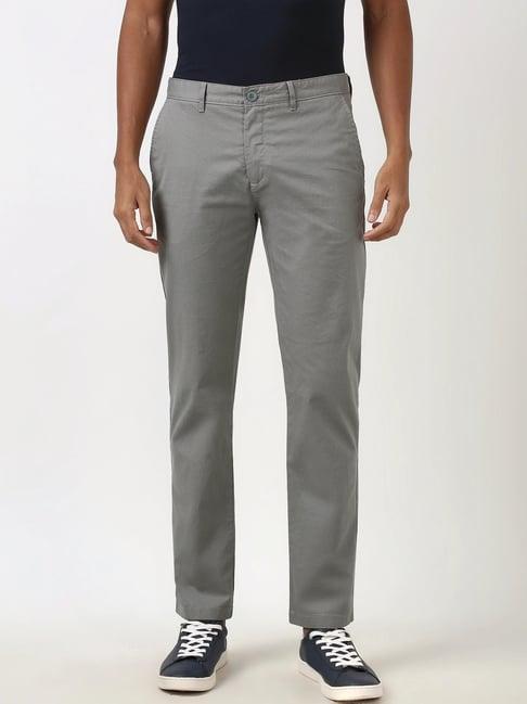 peter england grey cotton slim fit printed trousers