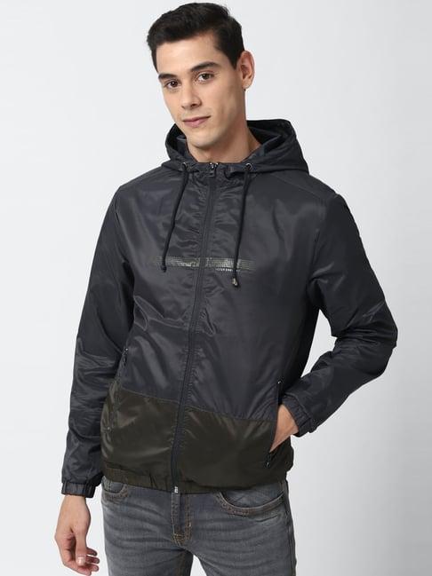 peter england grey regular fit colour block hooded jacket