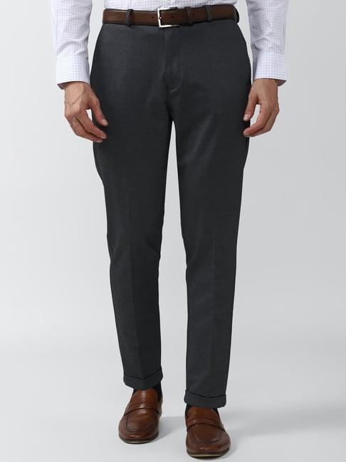peter england grey regular fit flat front trousers
