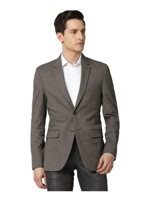 peter england grey slim fit self pattern blazer