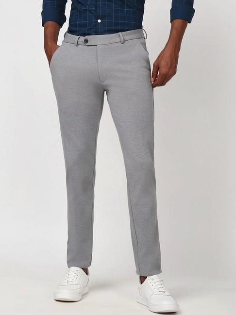 peter england grey slim fit self pattern trousers