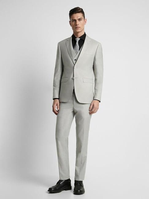 peter england grey slim fit texture three piece suit