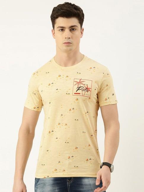 peter england jeans beige cotton slim fit printed t-shirt