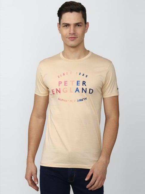 peter england jeans beige cotton slim fit printed t-shirt