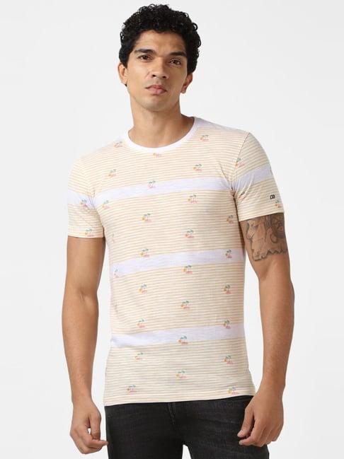 peter england jeans beige cotton slim fit striped t-shirt