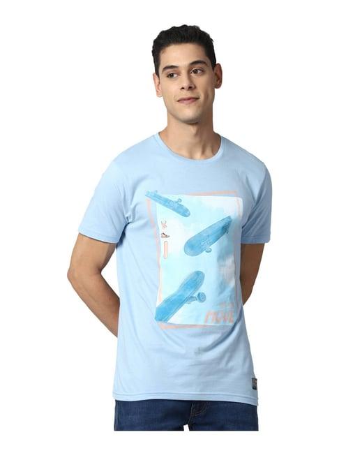 peter england jeans blue cotton slim fit printed t-shirt