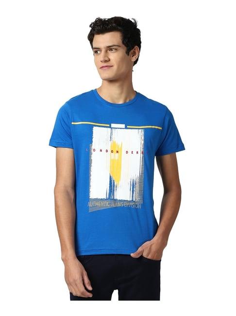 peter england jeans blue cotton slim fit printed t-shirt