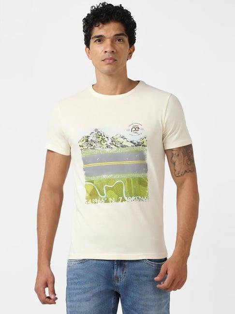 peter england jeans cream slim fit printed t-shirt