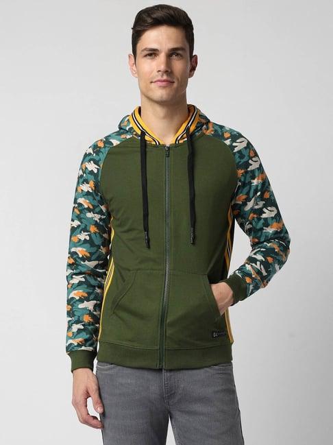 peter england jeans green regular fit printed hooded sweatshirt