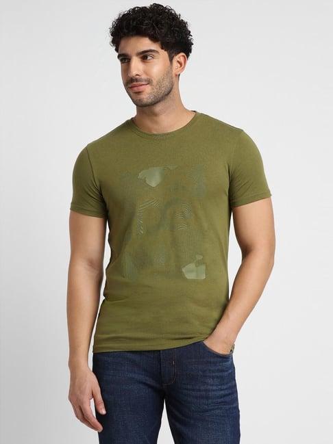 peter england jeans green slim fit printed t-shirt