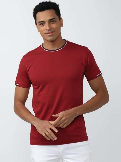 peter england jeans maroon cotton slim fit t-shirt